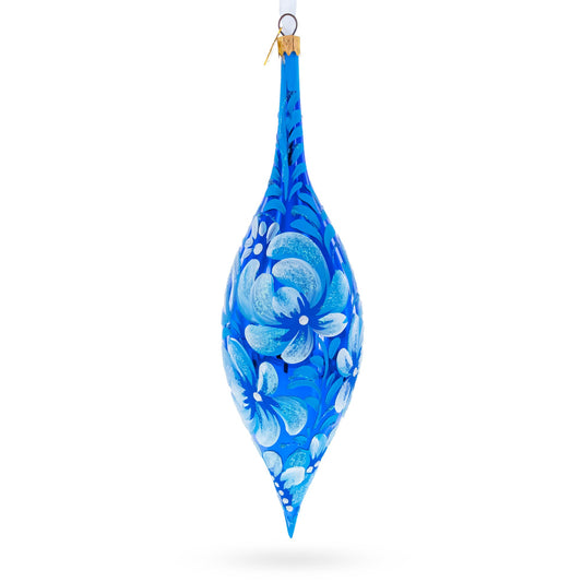 White Petal Blossoms Metallic Blue Elongated Pointed Teardrop Finial Glass Christmas Ornament