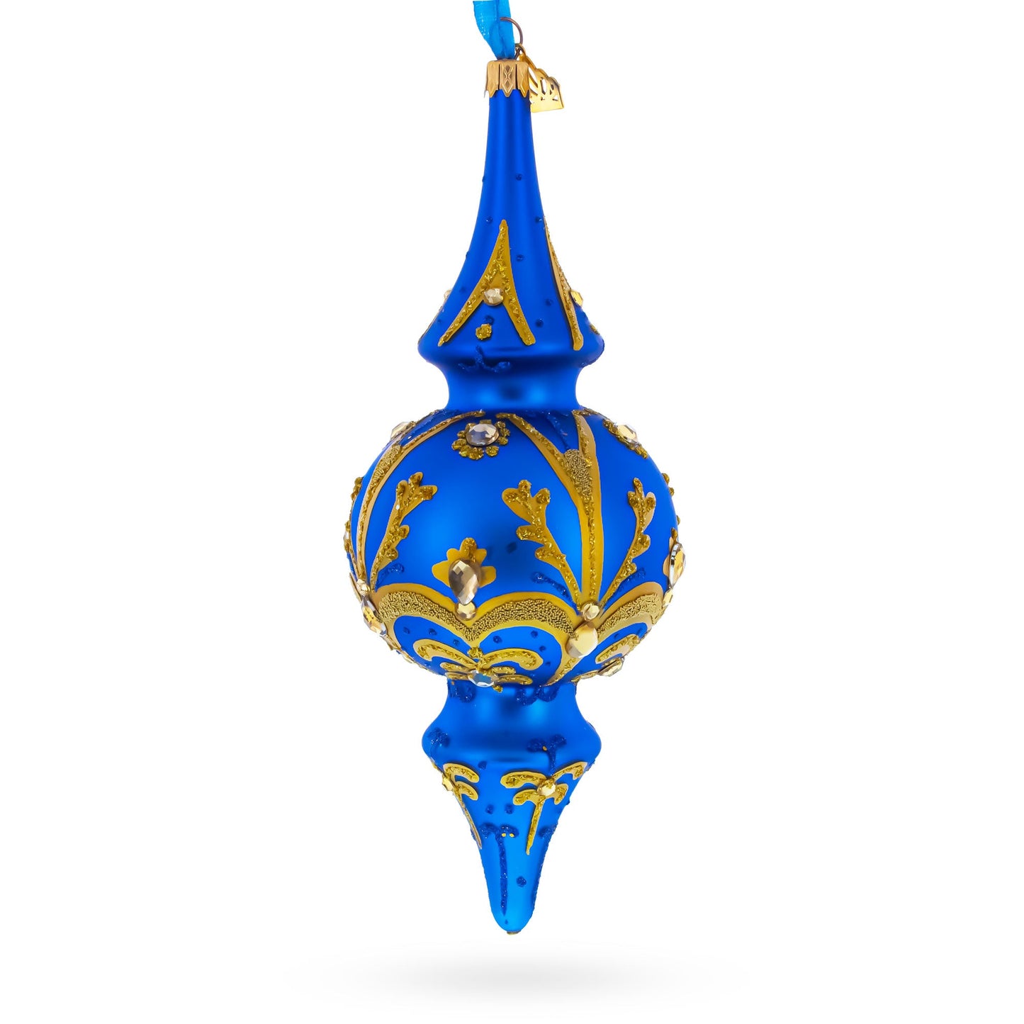 Jeweled Gold Scrollworks on Blue Double-Ended Finial Drop Glass Christmas Ornament