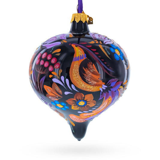 Whimsical Floral and Bird Black Onion-Shape Finial Glass Christmas Ornament
