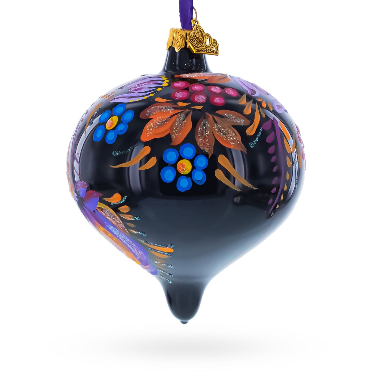 Whimsical Floral and Bird Black Onion-Shape Finial Glass Christmas Ornament