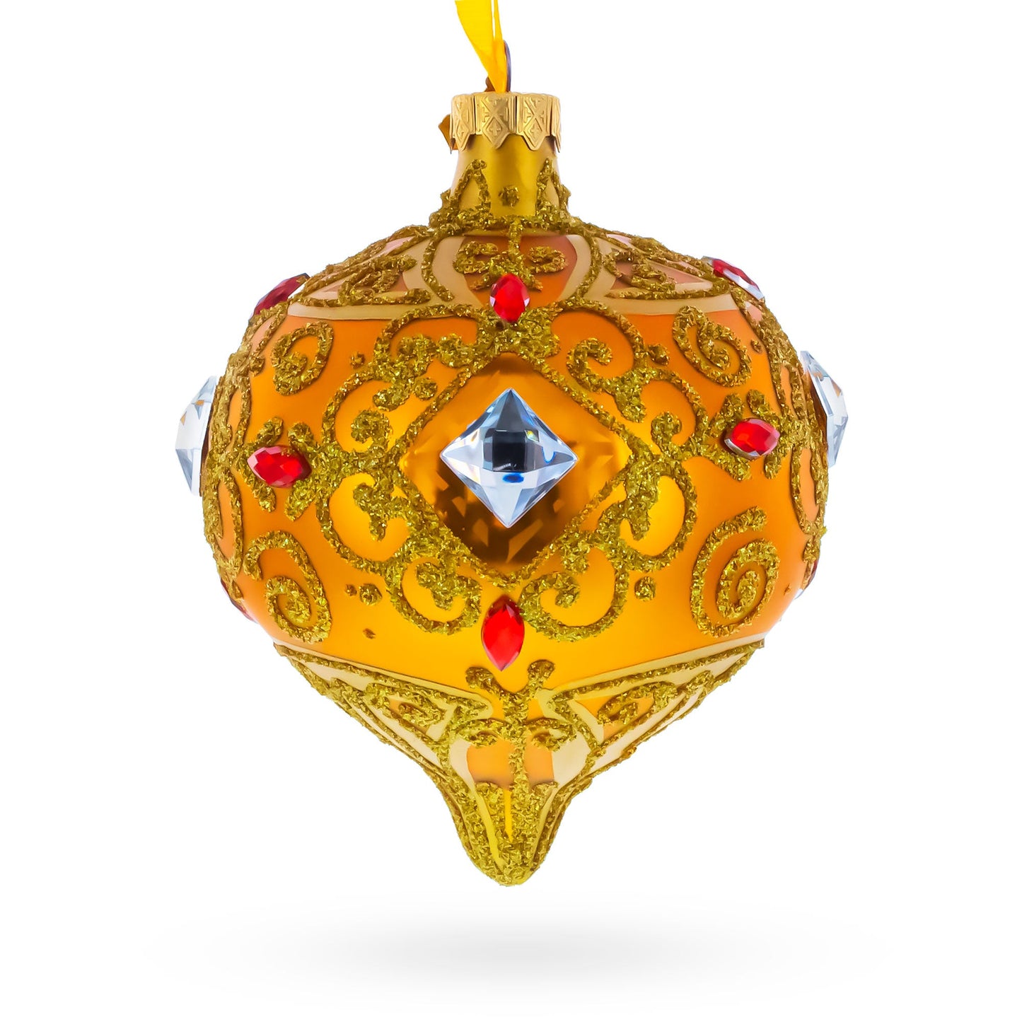 Amber Gold Jeweled Scroll Onion-Shape Finial Glass Christmas Ornament