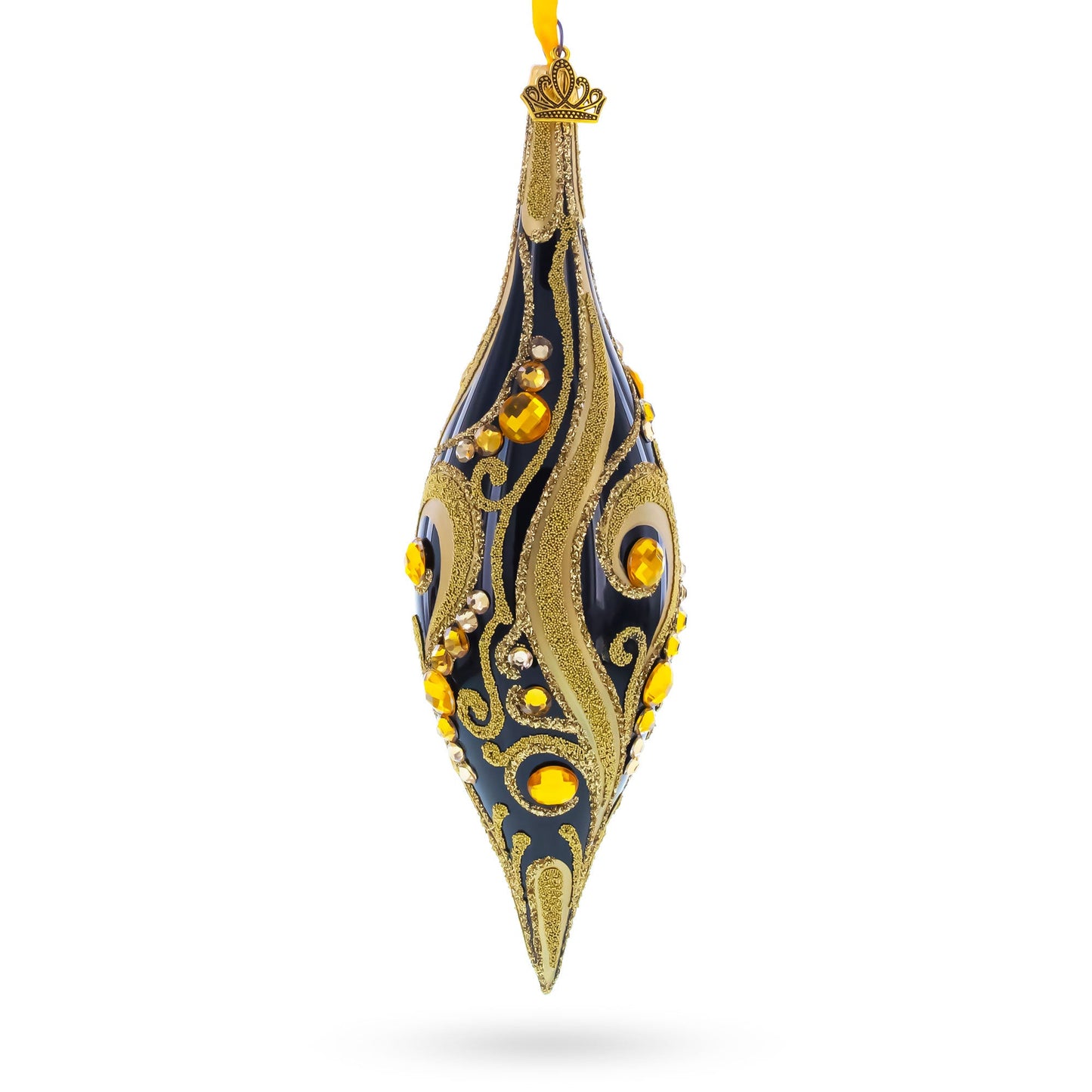 Black & Gold Jeweled Swirl Elongated Pointed Teardrop Finial Glass Christmas Ornament