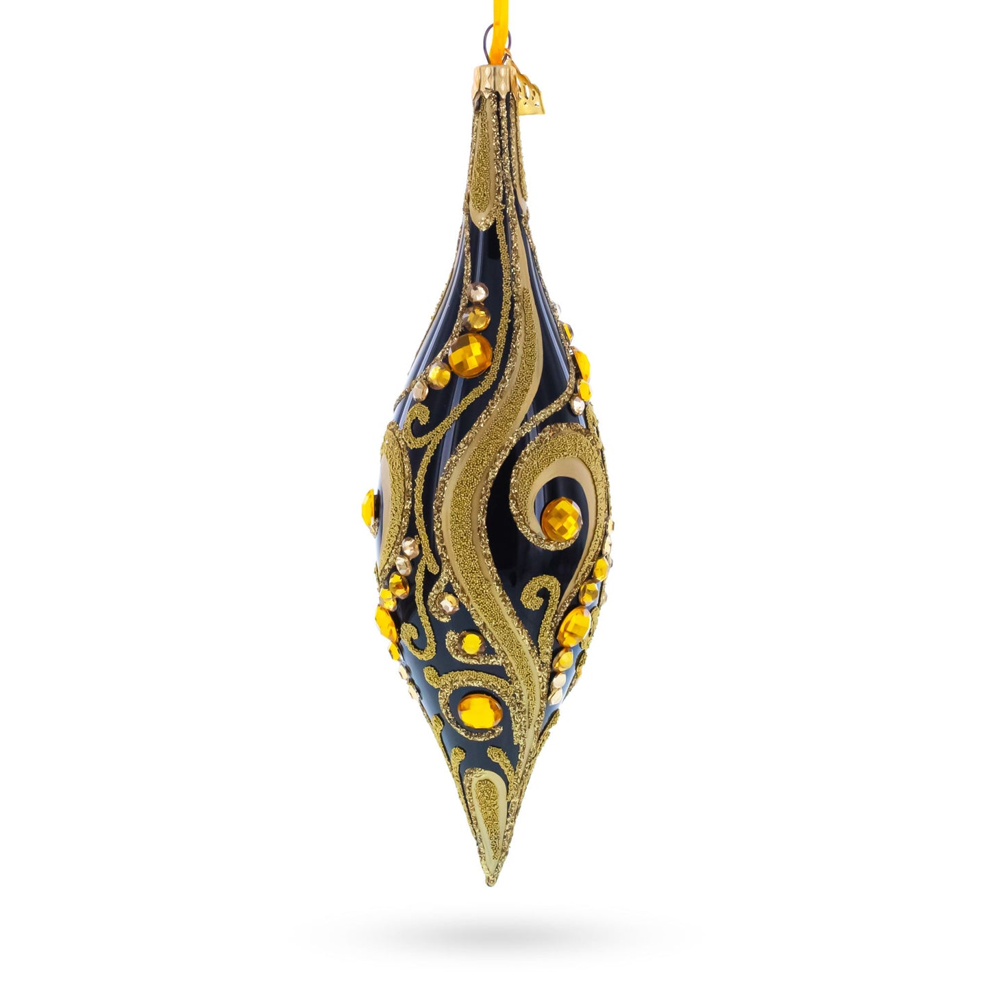Black & Gold Jeweled Swirl Elongated Pointed Teardrop Finial Glass Christmas Ornament