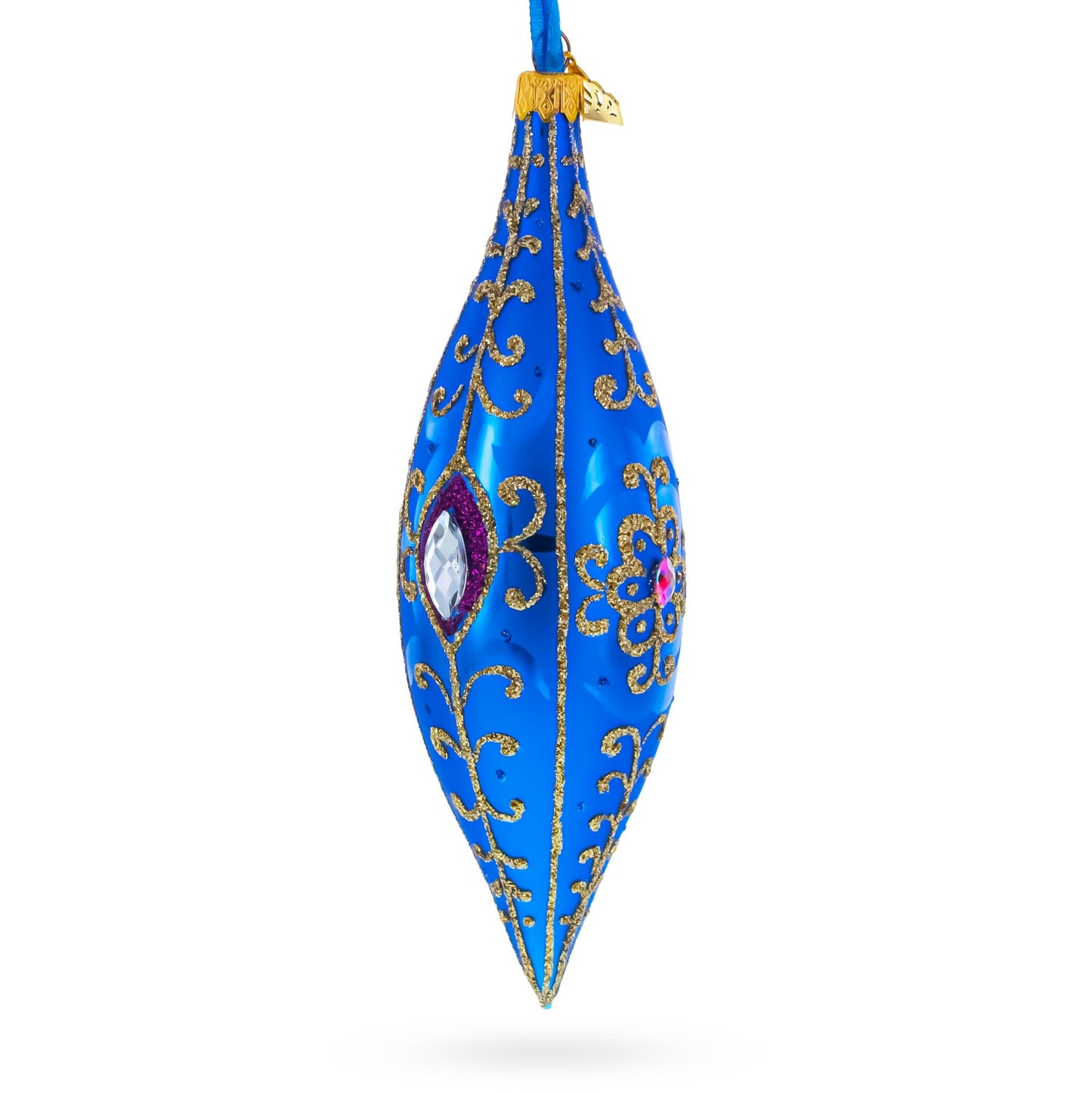 Royal Blue Jewel Scroll Elongated Pointed Teardrop Finial Glass Christmas Ornament
