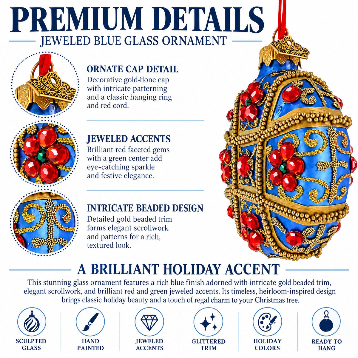 Boutique Sapphire Panel Scrollwork Glass Disc Christmas Ornament