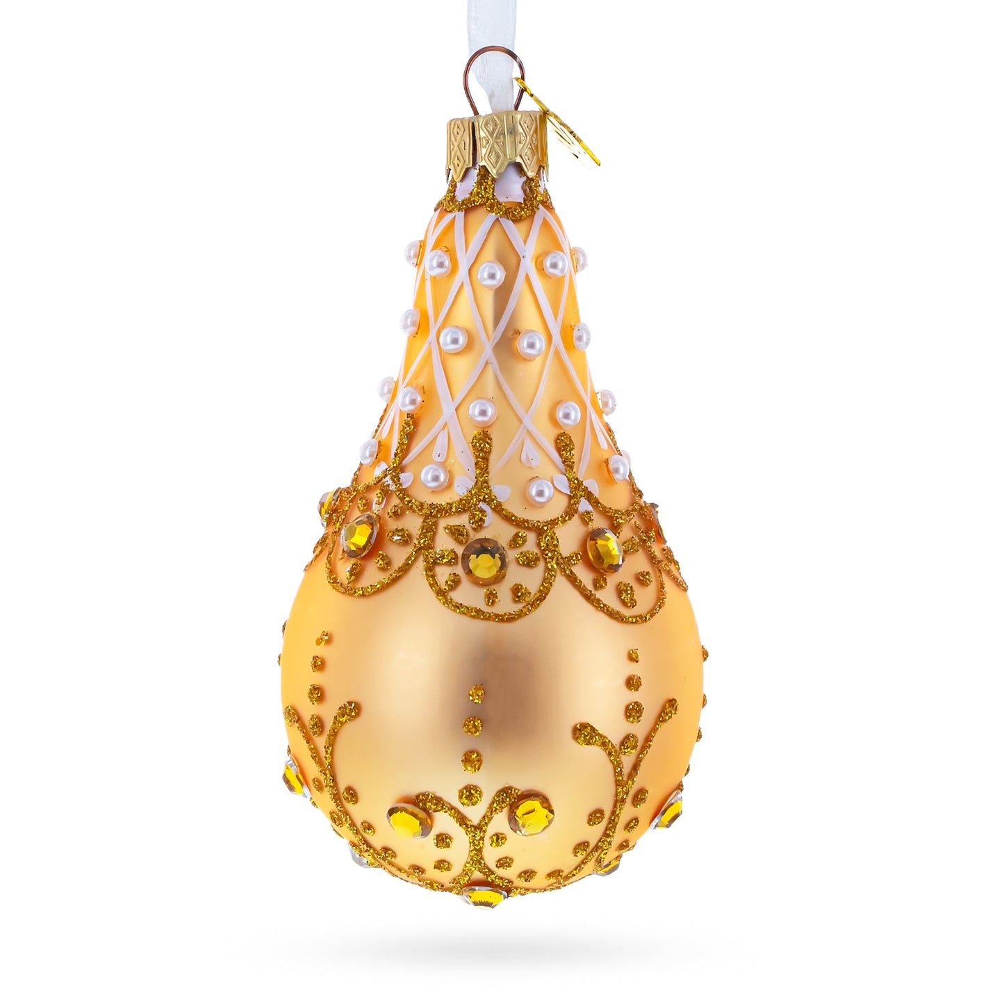 Pearls on Gold Glass Pear Shape Ornament