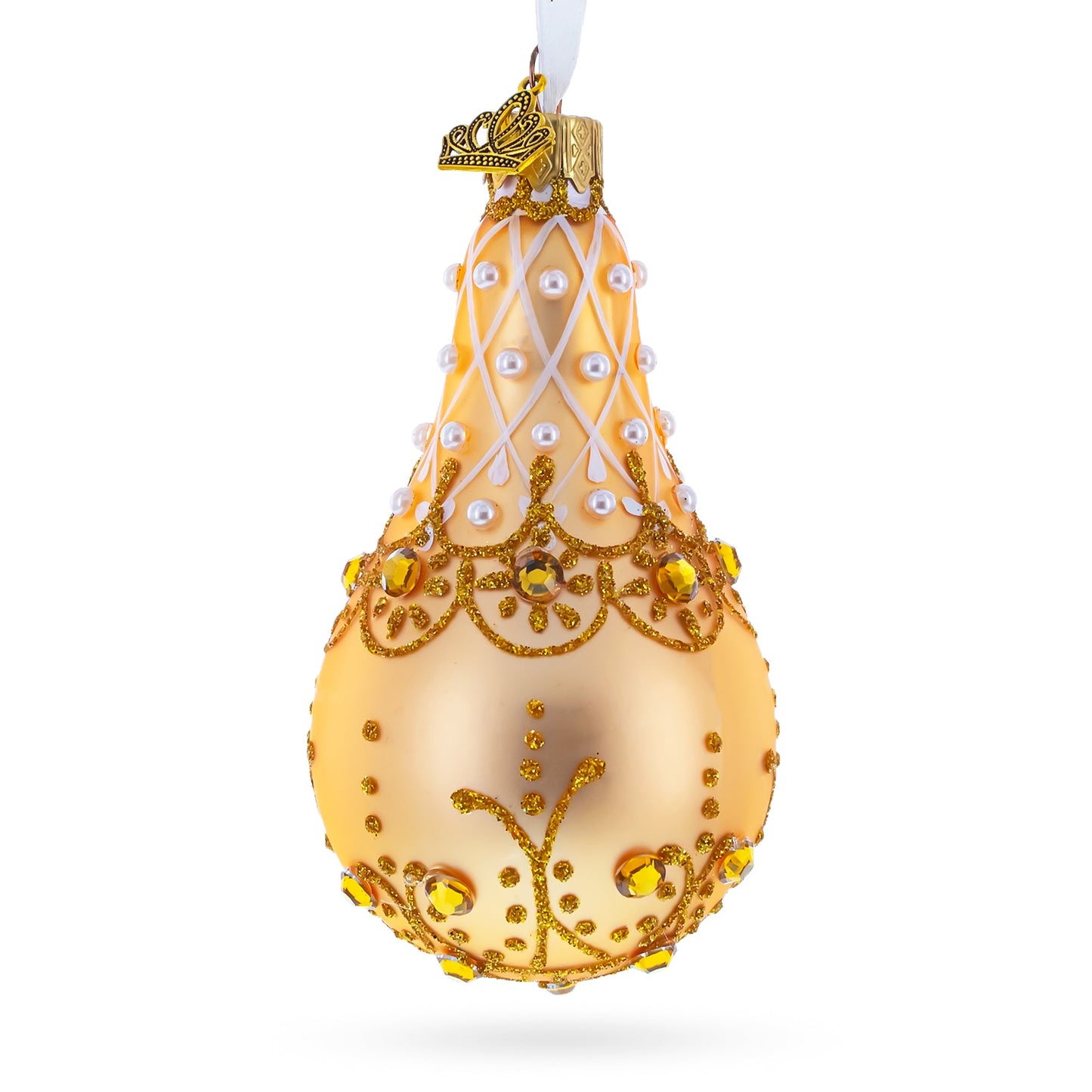 Pearls on Gold Glass Pear Shape Ornament