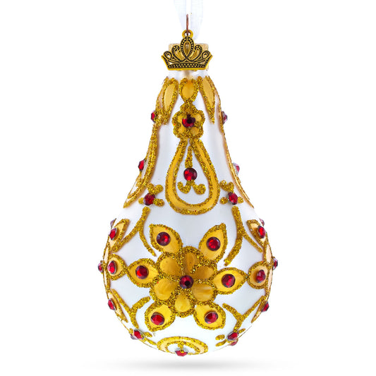 Red Jewels on Golden Leaves Pear Shape Glass Ornament