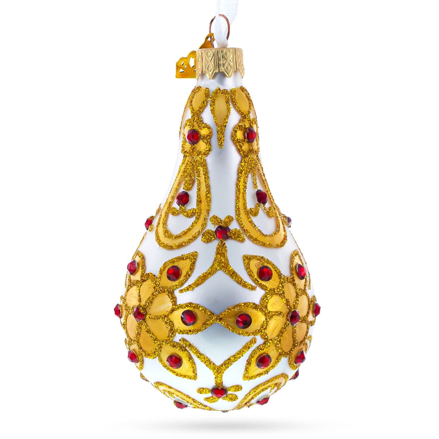 Red Jewels on Golden Leaves Pear Shape Glass Ornament