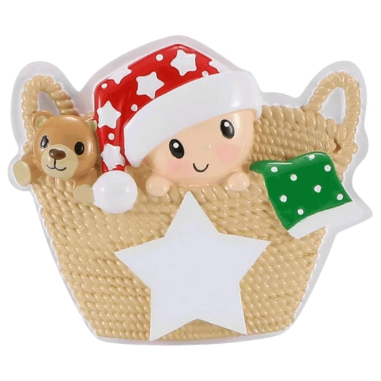 Baby In Basket Red & Green Ornament