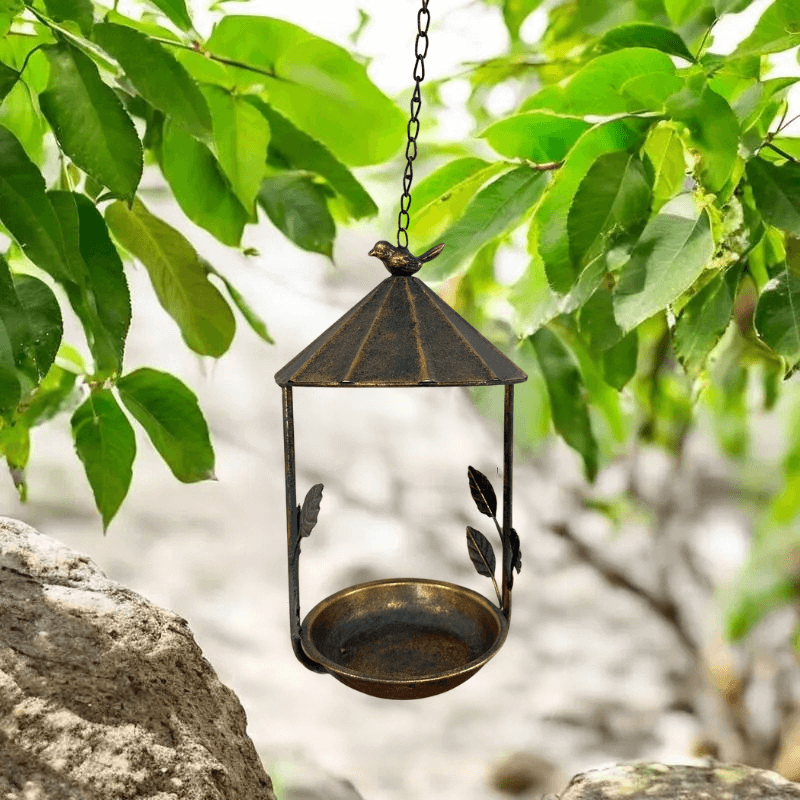 Rustic Bronze Hanging Bird Feeder with Leaf and Bird Design