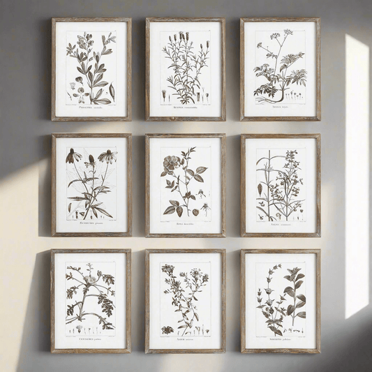 Rustic Botanical Sepia Wall Art Prints (Set of 9)