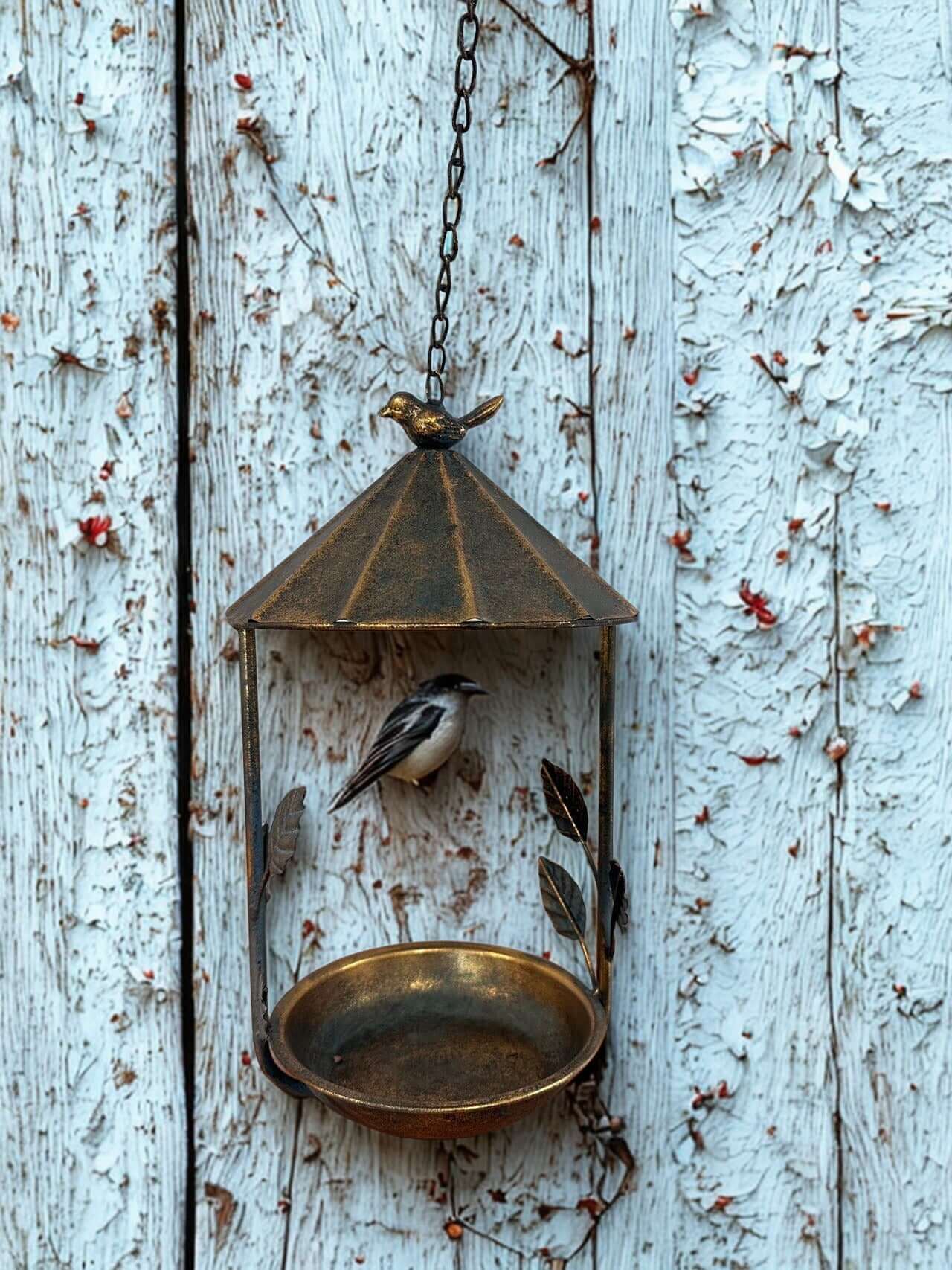 Rustic Bronze Hanging Bird Feeder with Leaf and Bird Design
