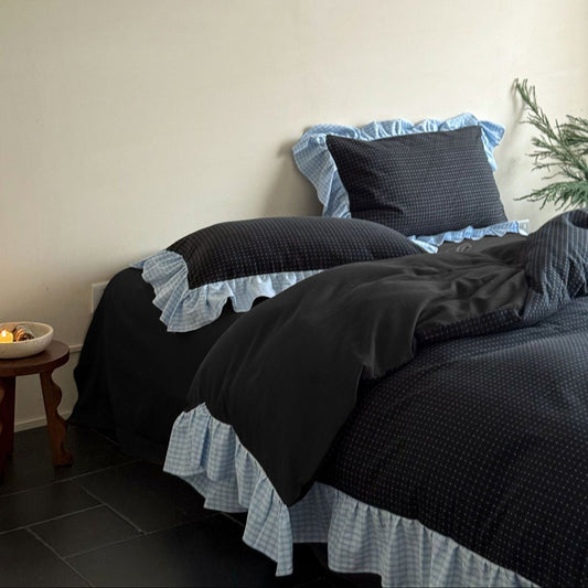 Sadie Gingham Lace Ruffle Bedding Set / Black