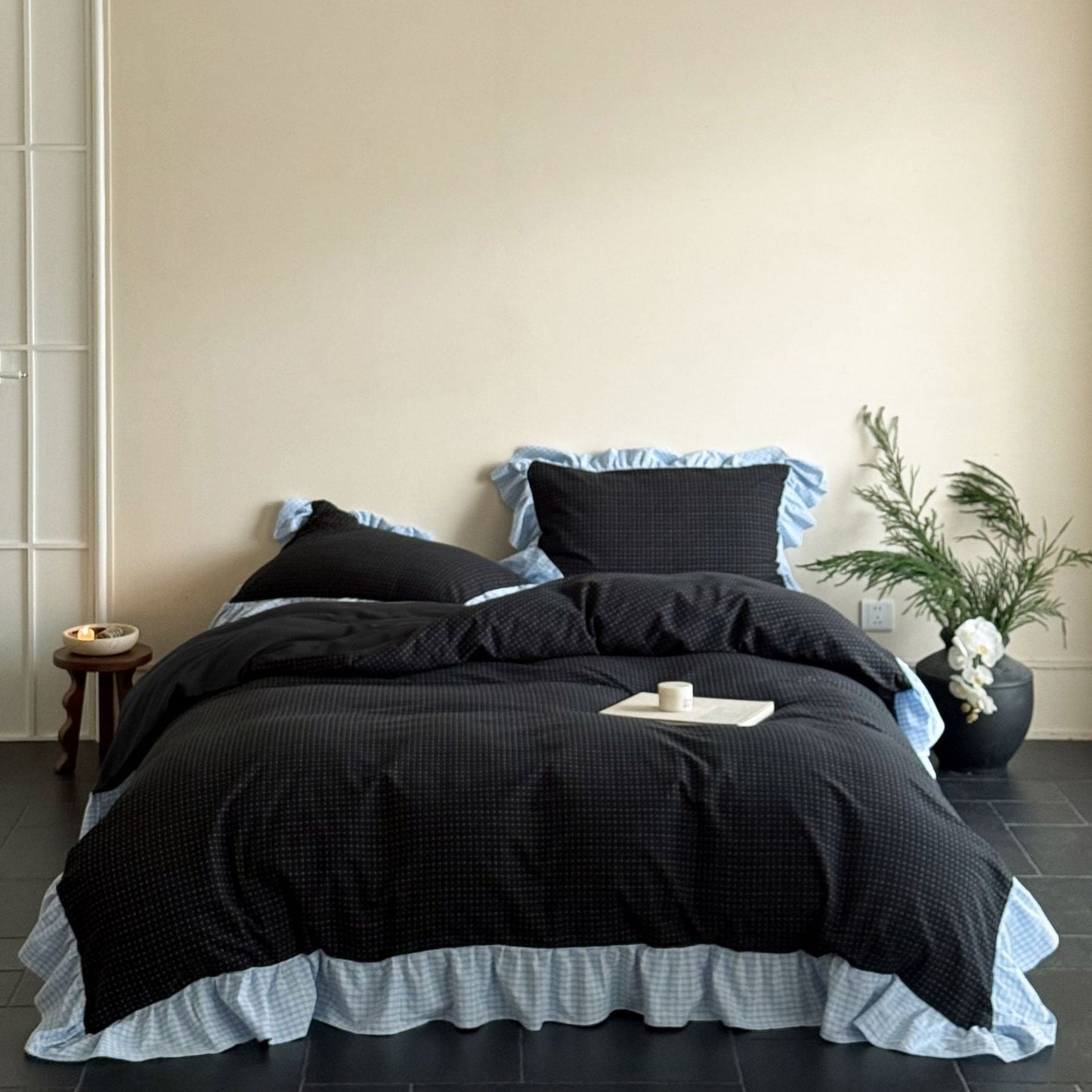 Sadie Gingham Lace Ruffle Bedding Set / Black