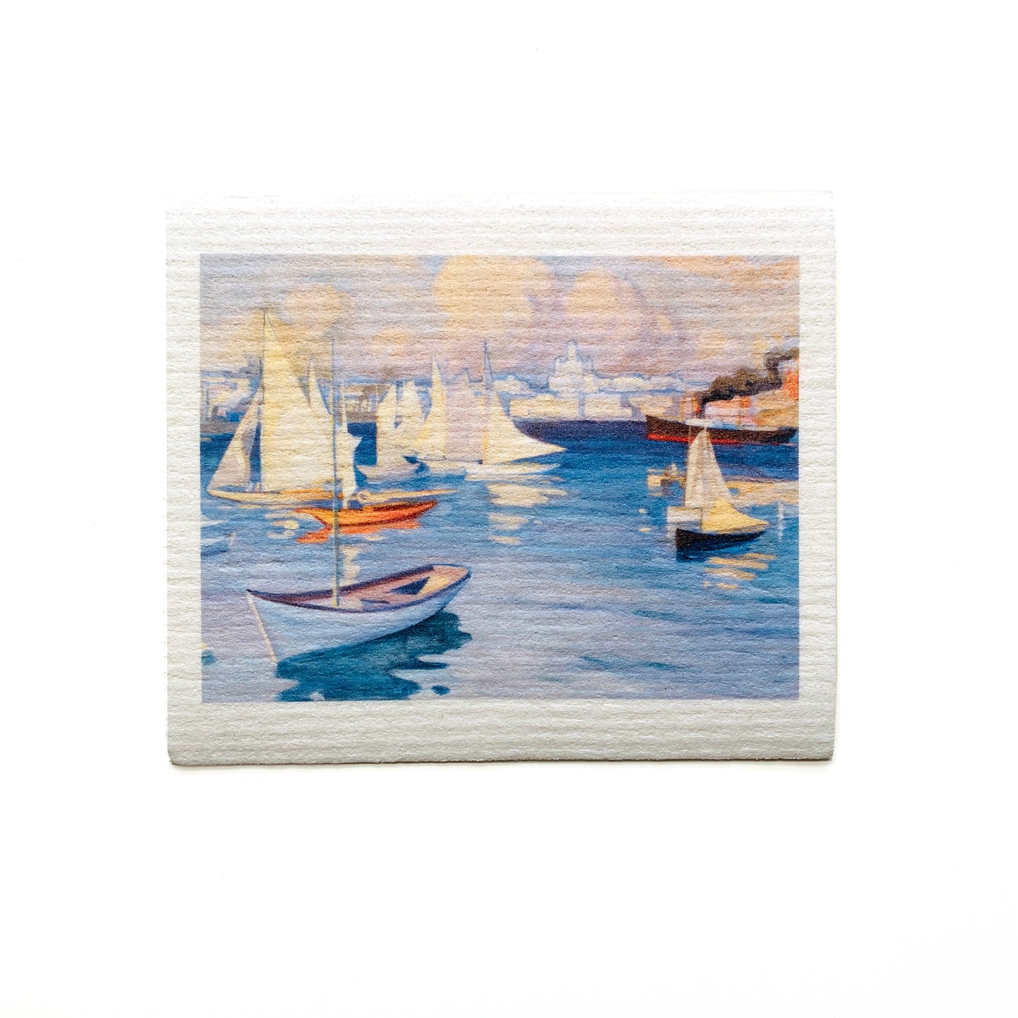 Swedish dishcloth with a sailboat design on a white background