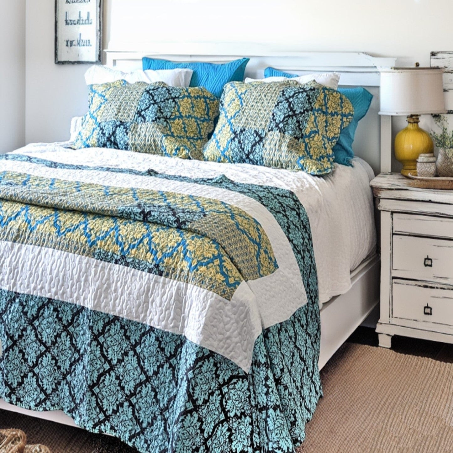 Tache Damask Ornate Baroque Teal Turquoise Blue Green Scalloped Quilt Set (SD-3300)