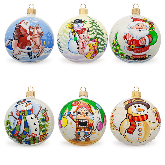 Set of 6 Glass Ball Christmas Ornaments - Snowmen, Santa's & Nutcracker