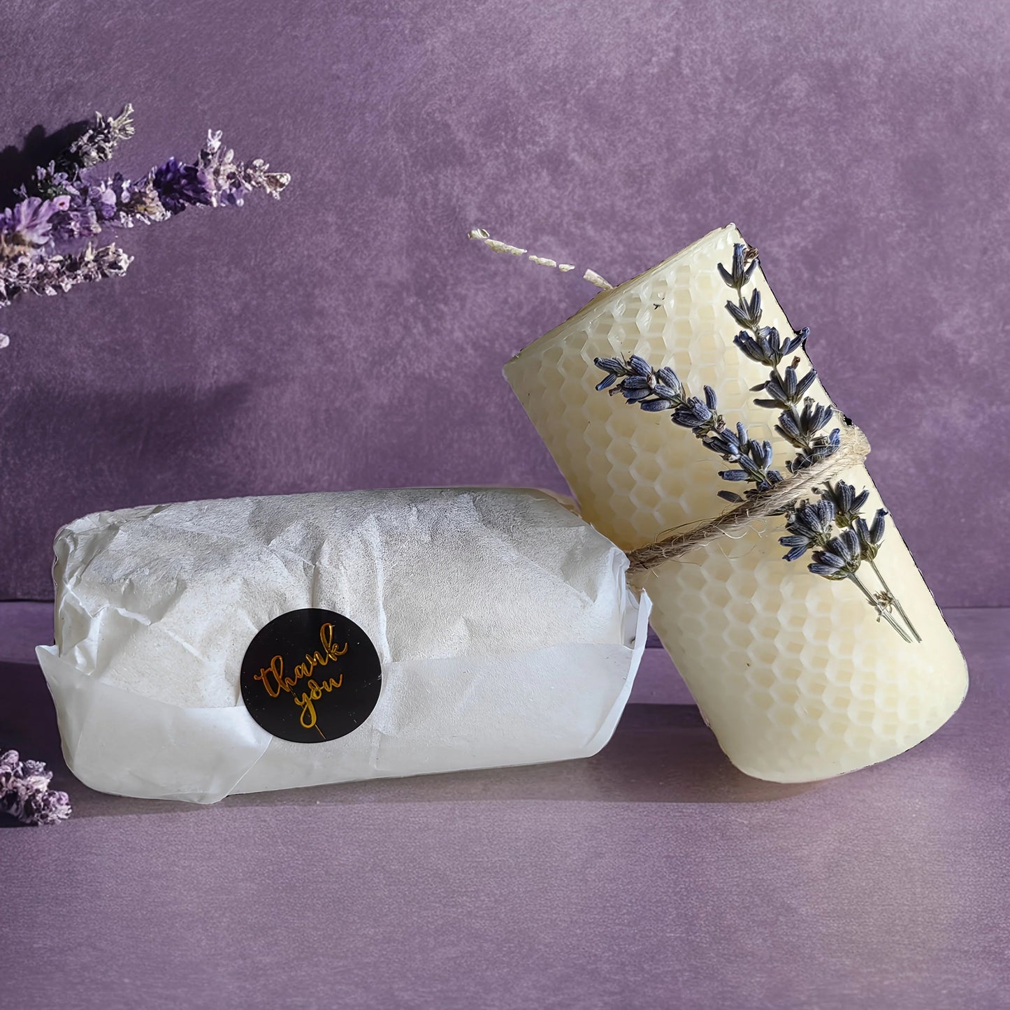 Set of 2 Lavender Beeswax Candles for Gifts