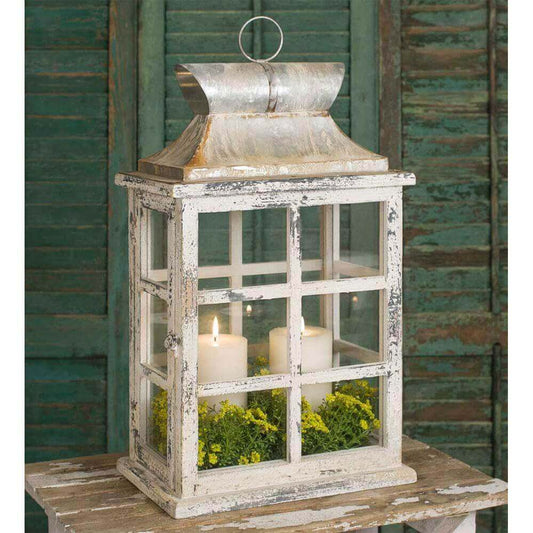 Distressed Cottagecore Lantern with Windowpanes