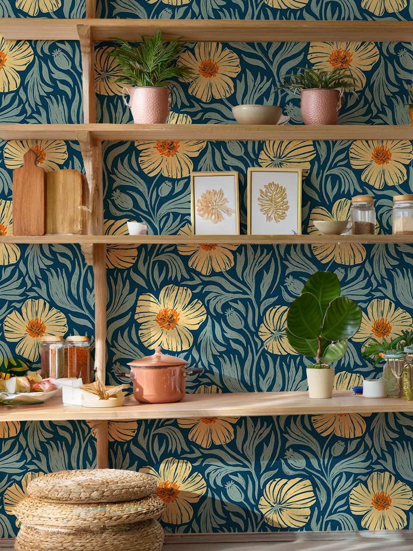 Matilija Wallpaper, navy, orange & mint