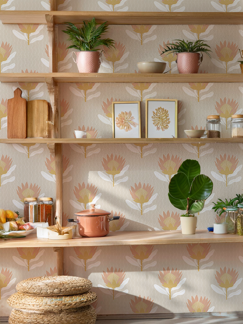 King Protea Wallpaper, tan and light coral