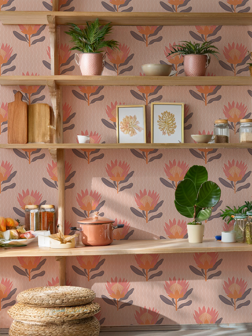 King Protea Wallpaper, coral and orange