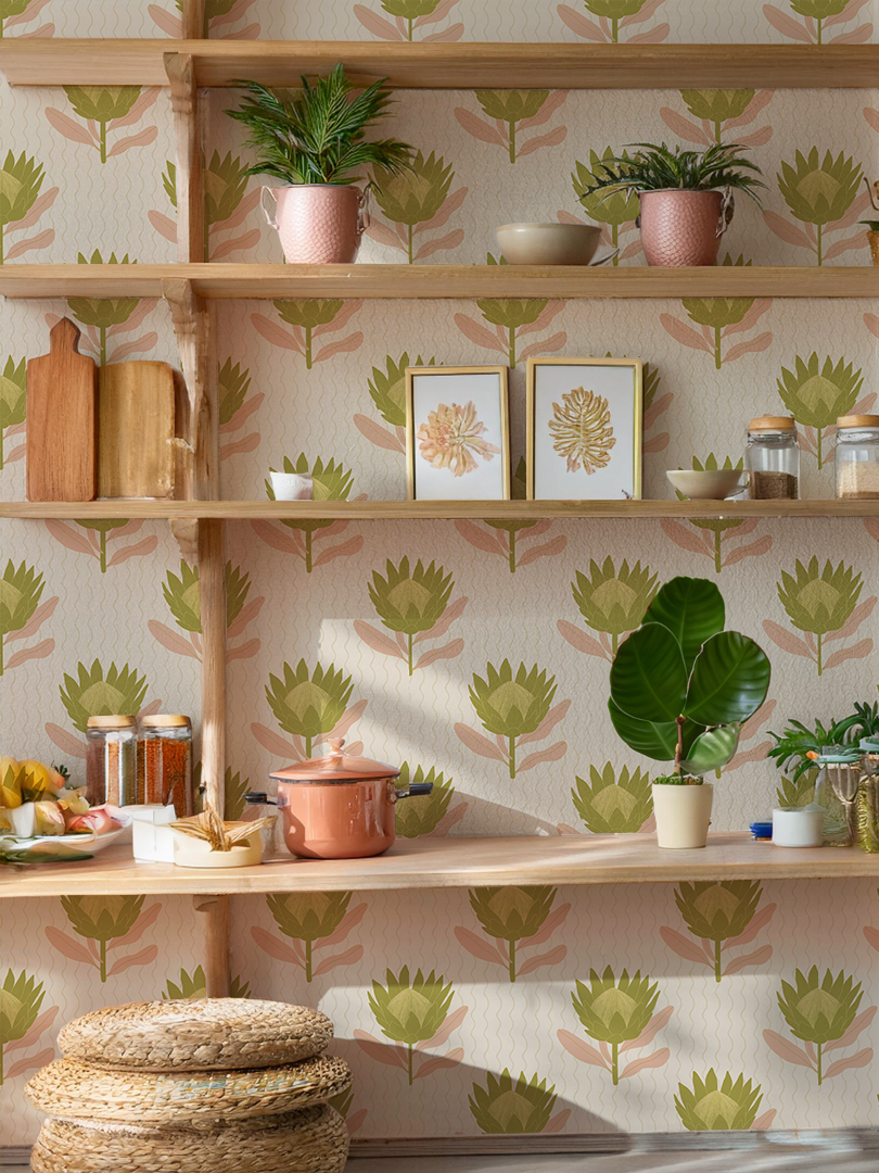 King Protea Wallpaper, tan and olive