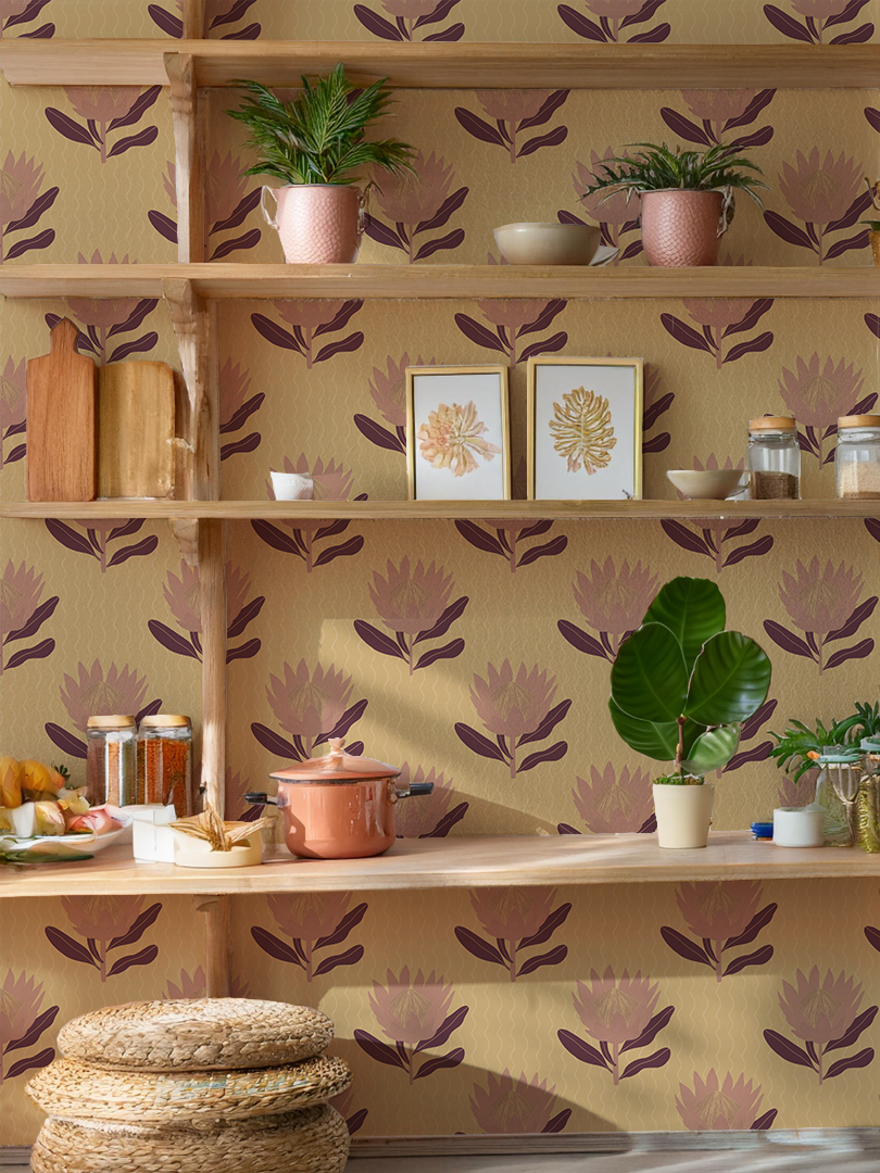 King Protea Wallpaper, butter yellow and mauve