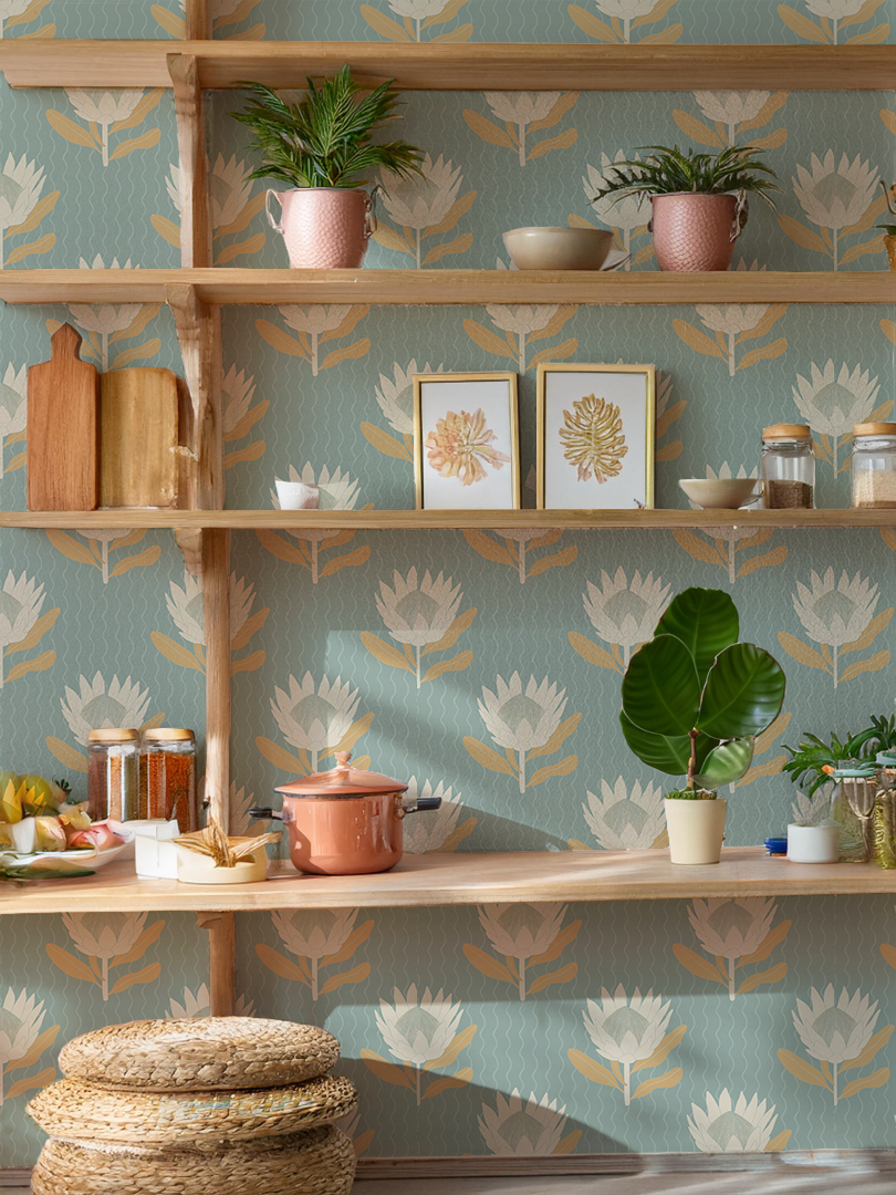 King Protea Wallpaper, light blue and apricot