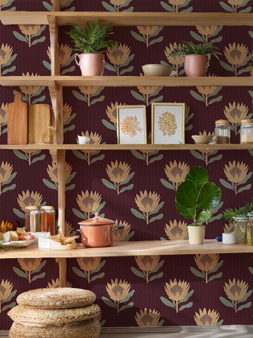 King Protea Wallpaper, dark plum and butter yellow