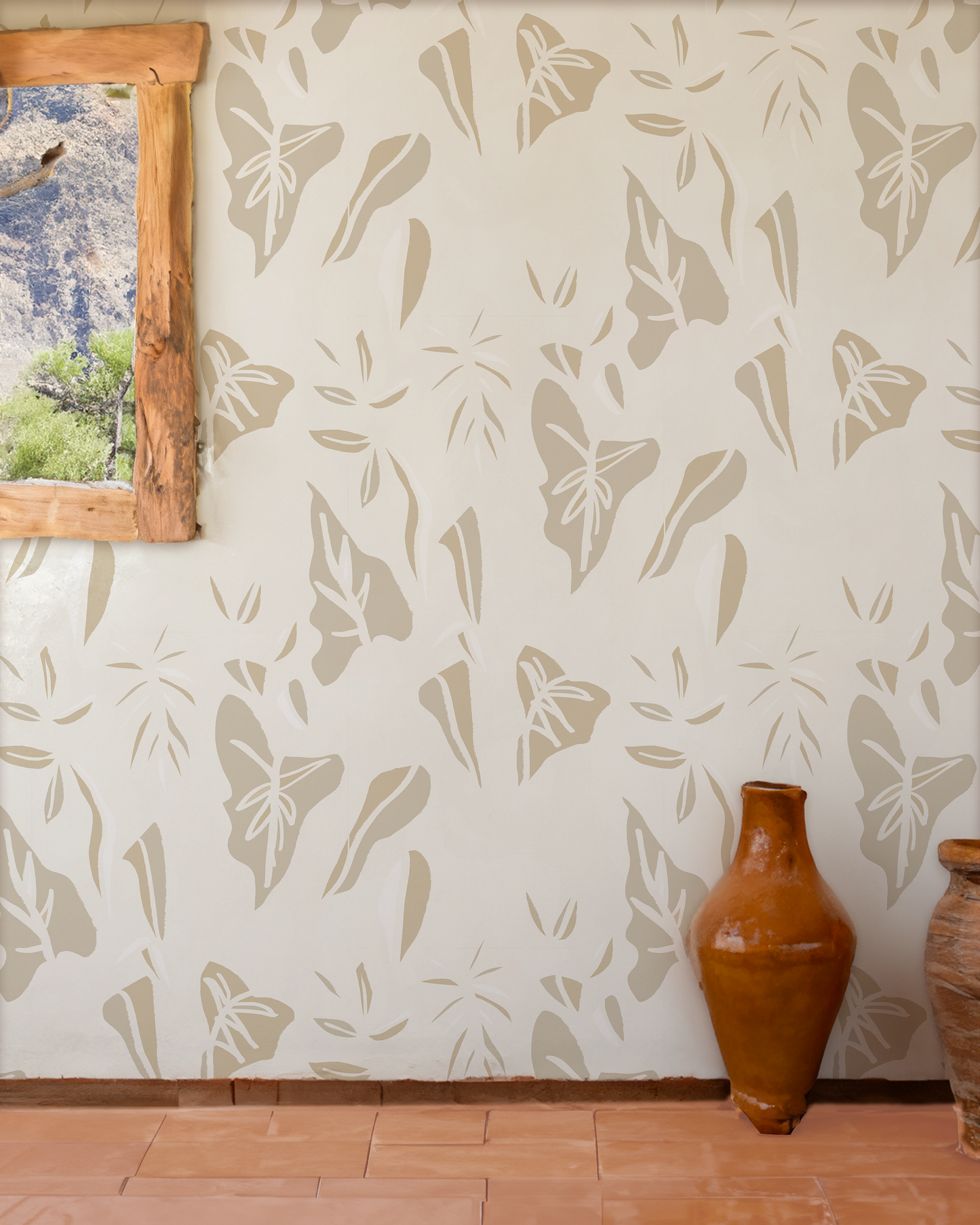Block Print Foliage Wallpaper, off-white and tan