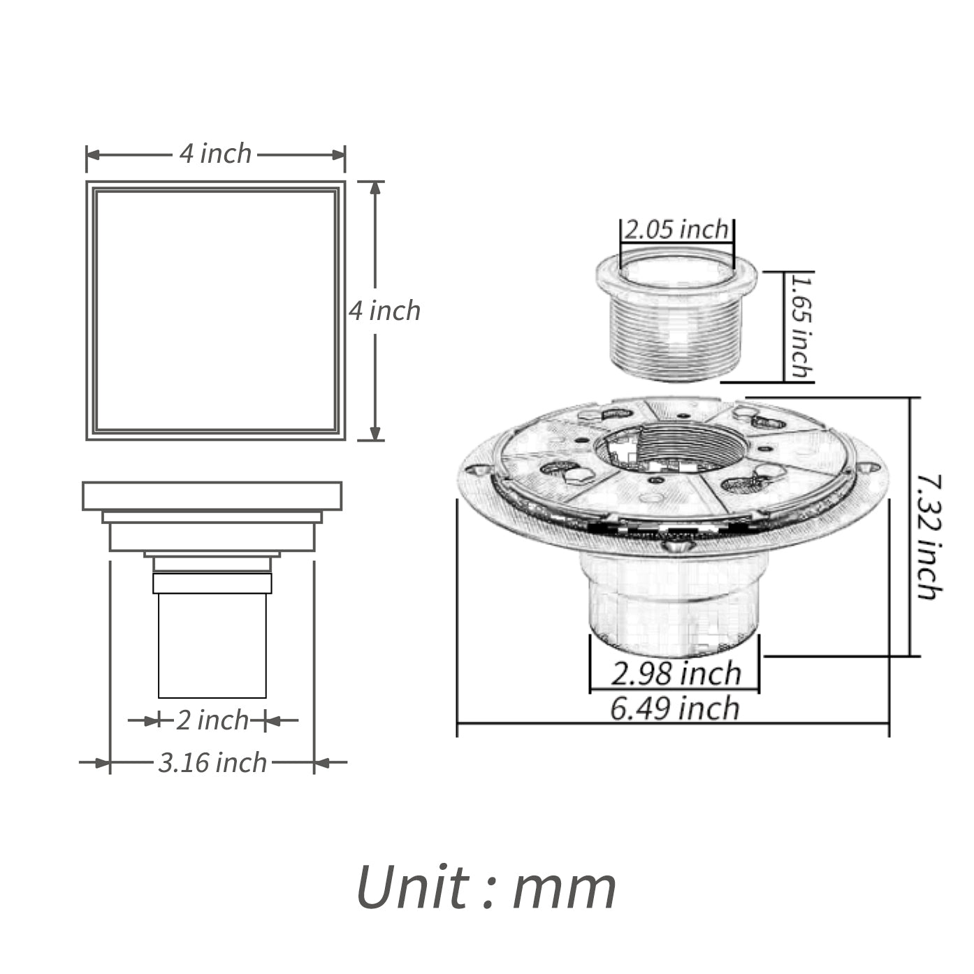 Brushed Nickel brass floor drain 4x4inch