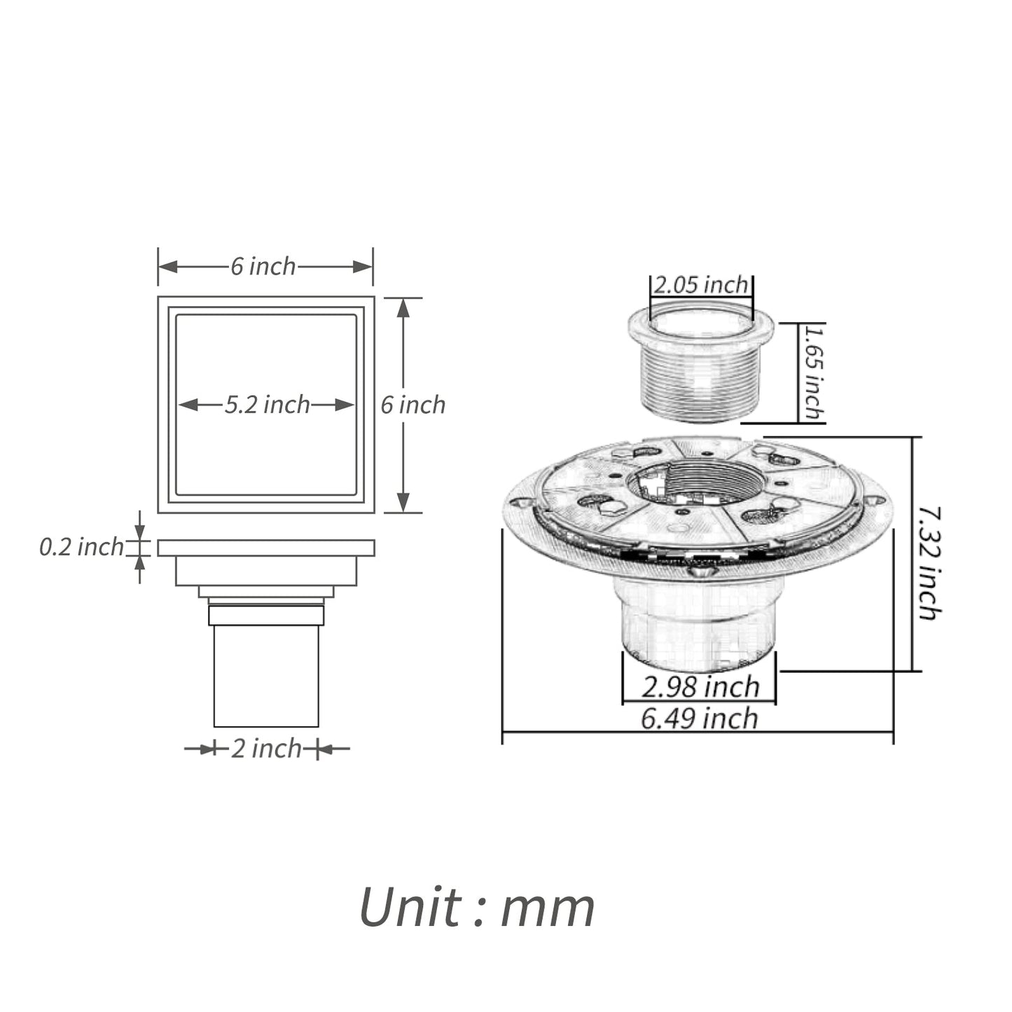 Matte Black stainless floor drain 6x6inch