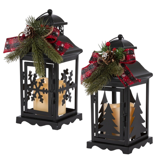10.5-Inch Lighted Metal Lanterns with Timer (Set of 2)