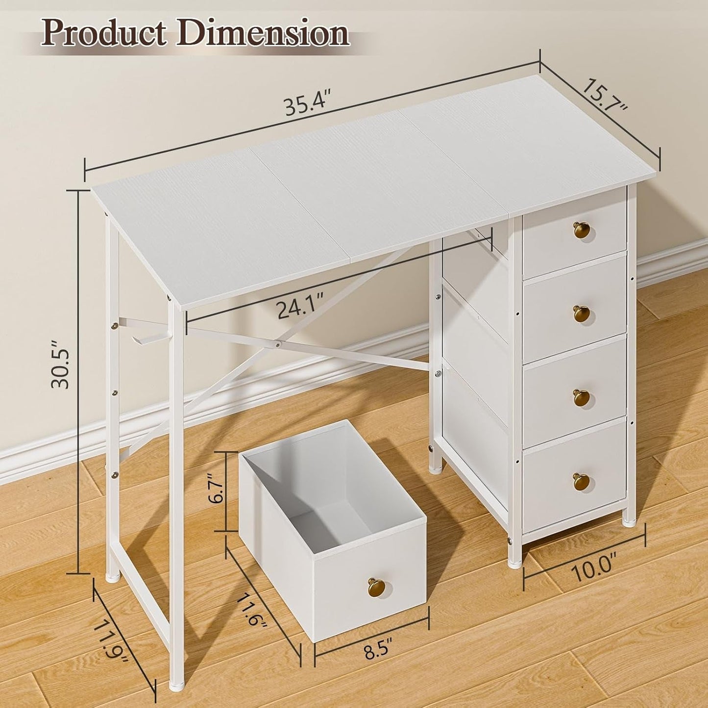 Small White Computer Desk With 4 Fabric Drawers 35 Inch