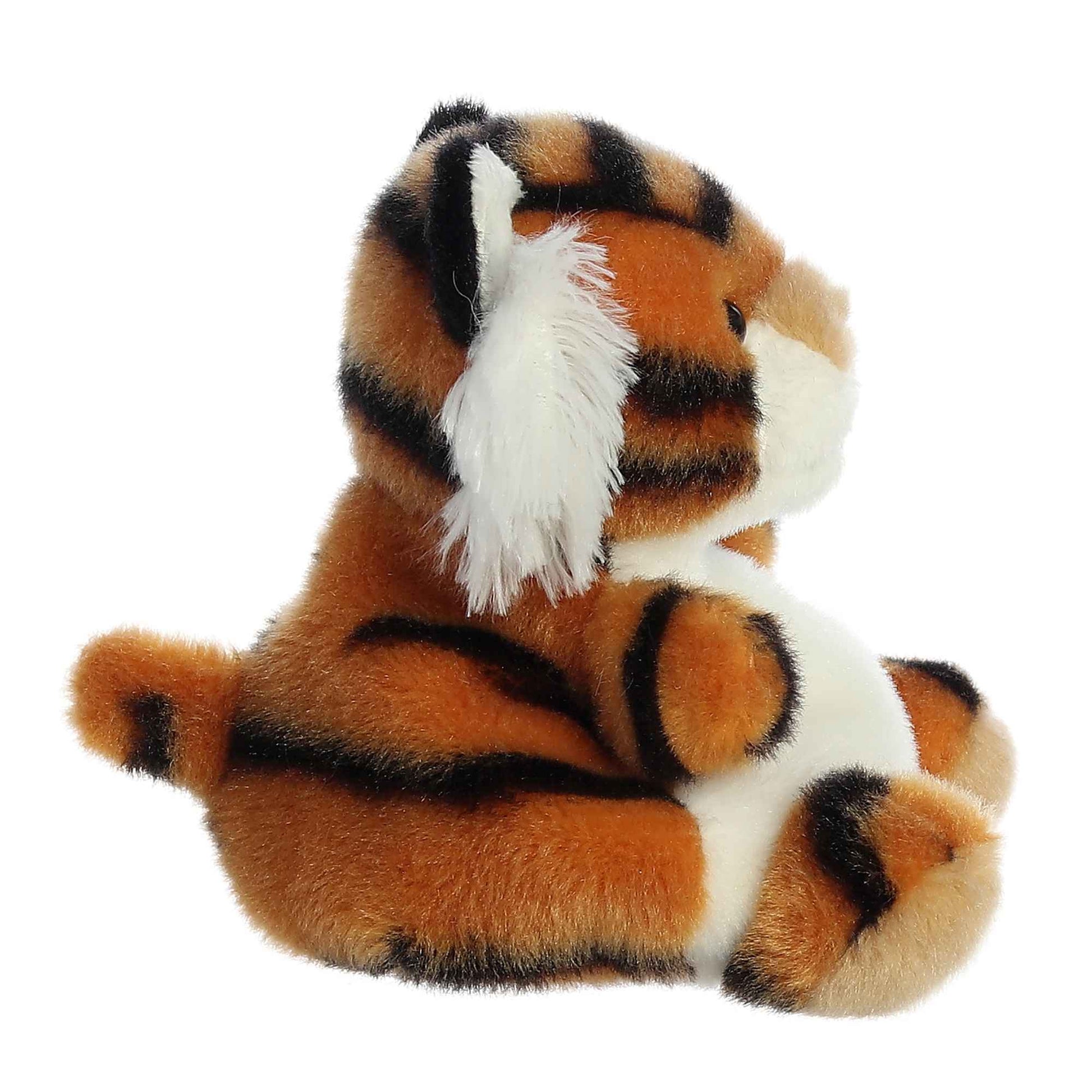 Indy Tiger Palm Pal plush toy sitting side view with orange and black stripes, perfect companion for adventures.