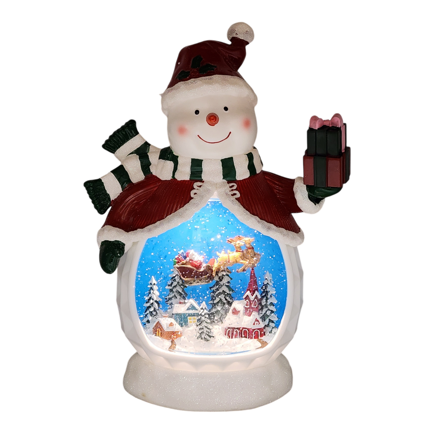 B/O Lighted Musical Spinning Water Globe Snowman with Holiday Scene Red Coat