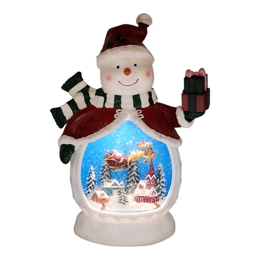 B/O Lighted Musical Spinning Water Globe Snowman with Holiday Scene Red Coat