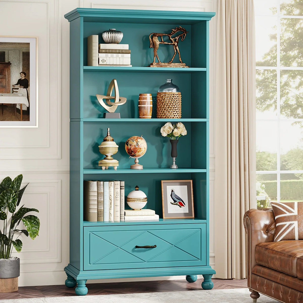 Solid Wood 6-Shelf Bookcase with Drawer, 71 Inch Ocean Blue
