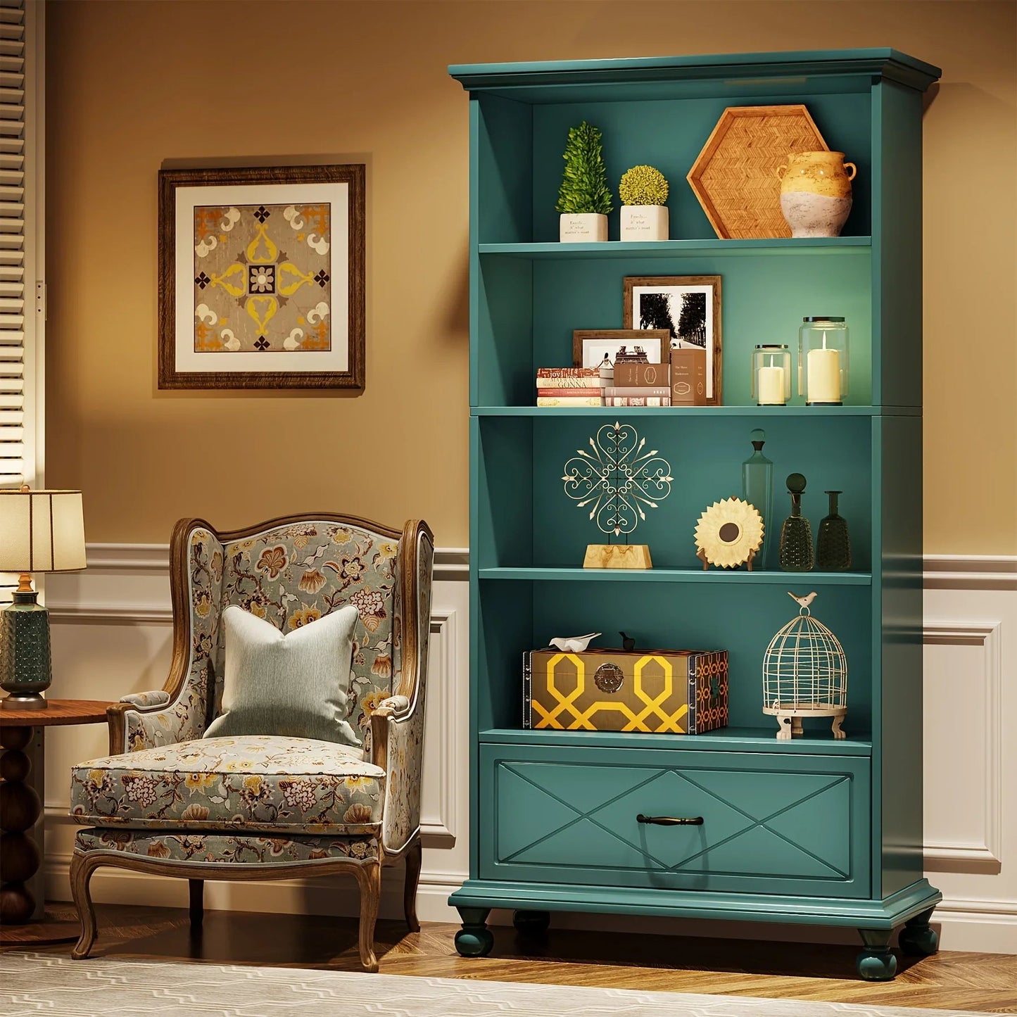 Solid Wood 6-Shelf Bookcase with Drawer, 71 Inch Ocean Blue
