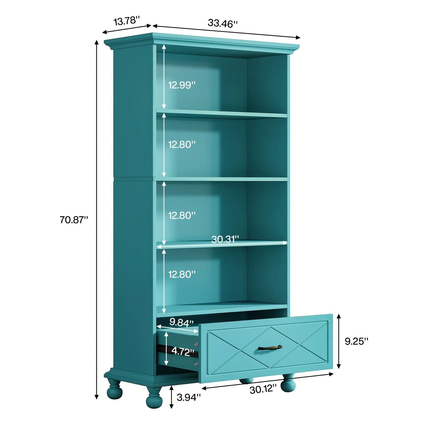 Solid Wood 6-Shelf Bookcase with Drawer, 71 Inch Ocean Blue