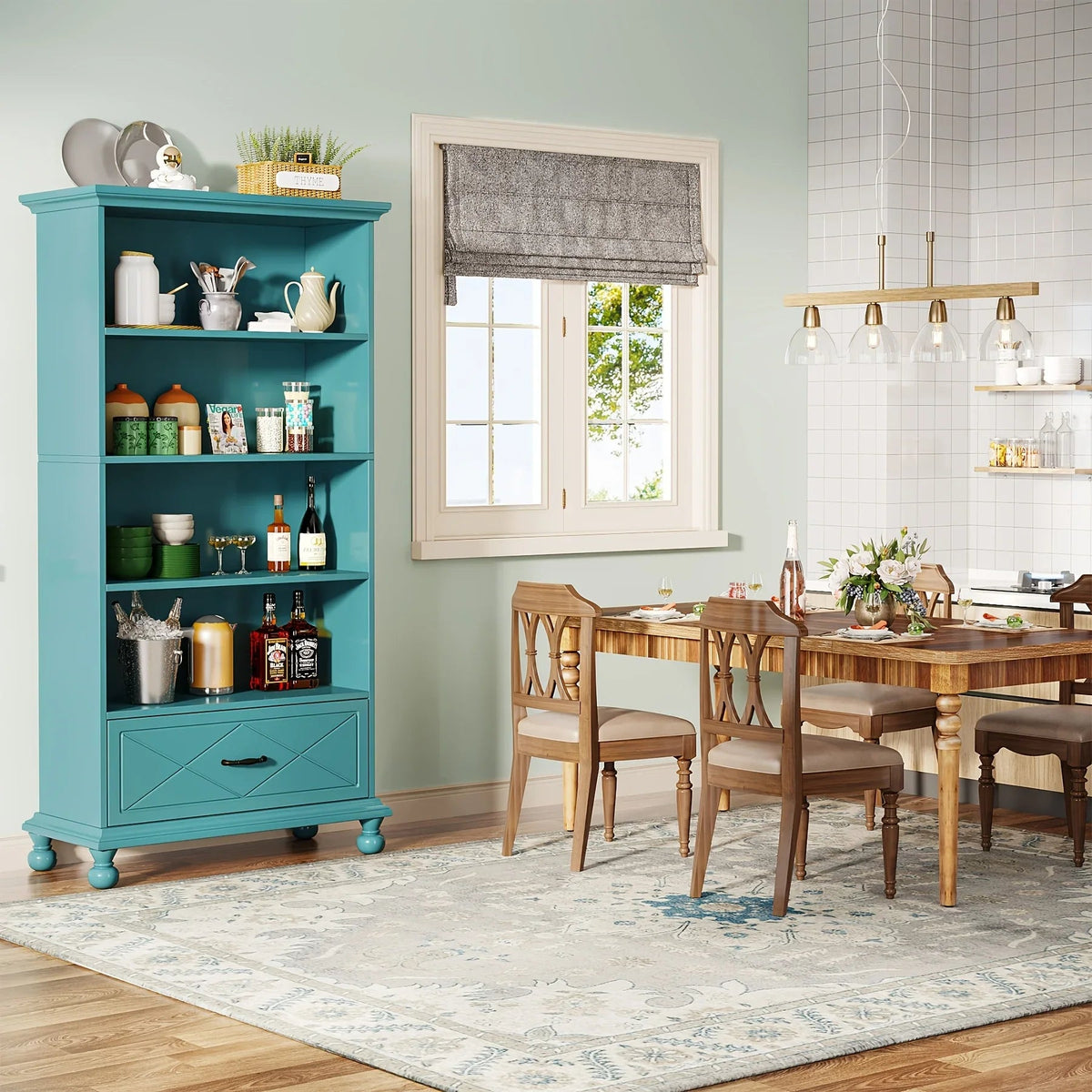 Solid Wood 6-Shelf Bookcase with Drawer, 71 Inch Ocean Blue