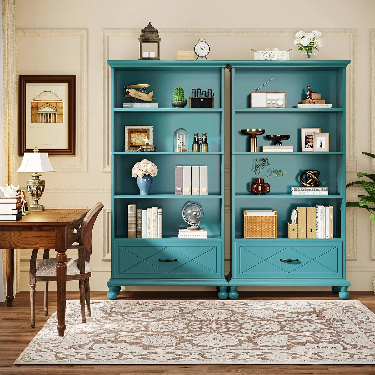 Solid Wood 6-Shelf Bookcase with Drawer, 71 Inch Ocean Blue