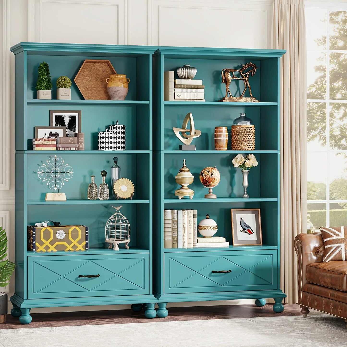 Solid Wood 6-Shelf Bookcase with Drawer, 71 Inch Ocean Blue