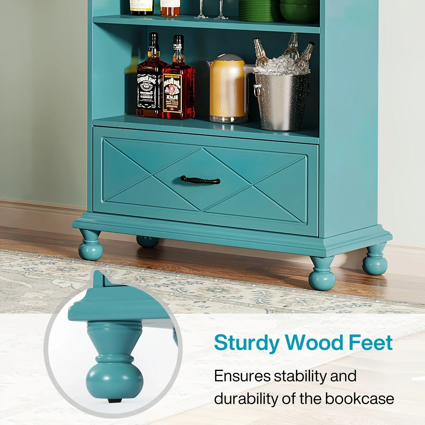 Solid Wood 6-Shelf Bookcase with Drawer, 71 Inch Ocean Blue