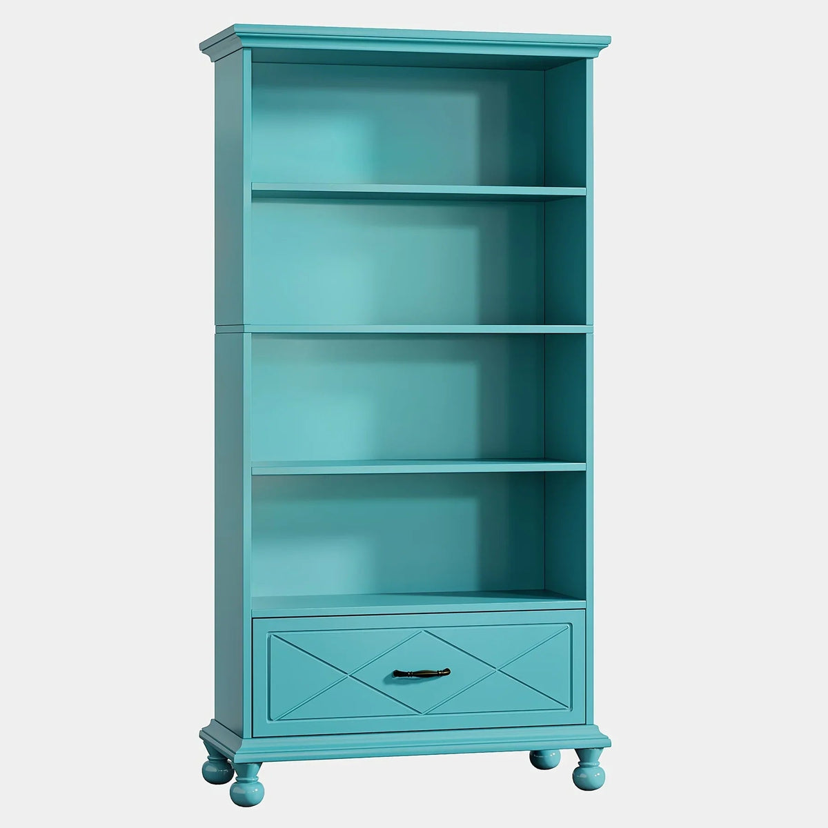 Solid Wood 6-Shelf Bookcase with Drawer, 71 Inch Ocean Blue