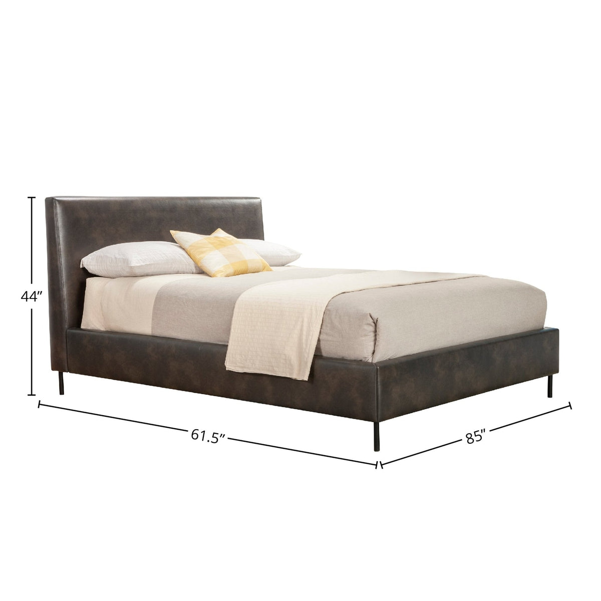 Sophia Faux Leather Platform Bed, Gray with foam headboard and metal legs, dimensions 44" H, 61.5" W, 85" L.