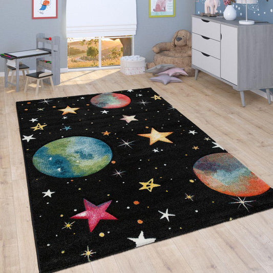 Space Kids Area Rug with colorful Planet Earth and Stars Universe in Black