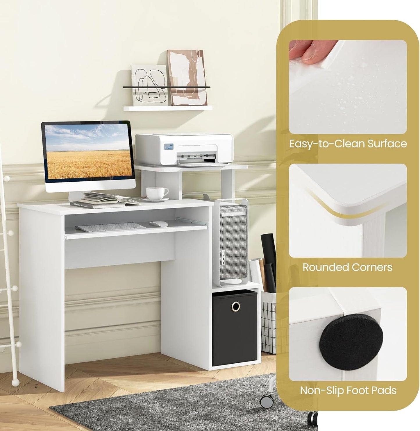 Space-Saving Computer Desk with Drawer and Storage Shelves